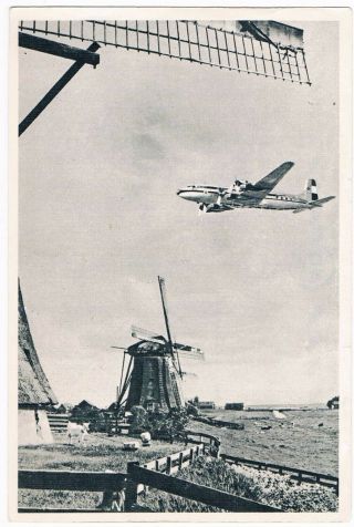 Postcard Klm Airline Issue Douglas Dc Holland Windmill Aviation Airways