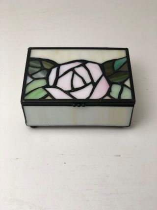Vintage Stained Glass Trinket Box,  Heavy Glass,  Pink Rose Design
