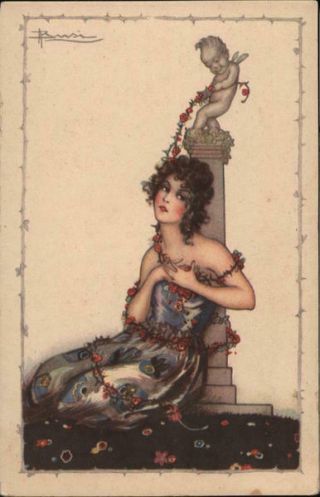 Adolfo Busi Set Of 5: Woman With Statue Of Cupid Series 535 Postcard Vintage