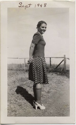 Lovely Handsome Woman In Polka Dot Skirt High Heels & Knee0high Stockings 1948
