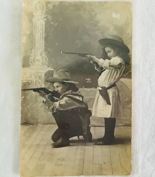 Antique Rppc Real Photo Postcard - Boy And Girl Children Posing With Rifles Guns