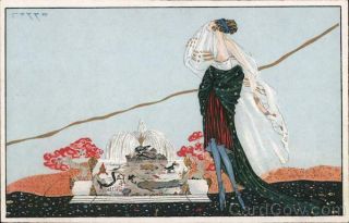 Alberto Coppa Lady In Dark - Colored Dress And White Shawl,  With A Fountain In The