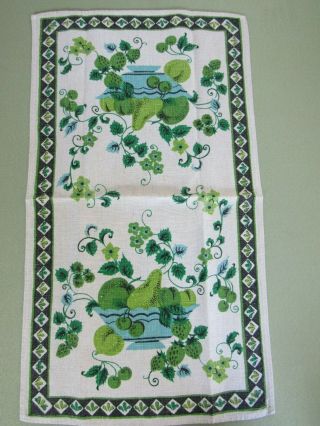 Vintage Dish Towel Mid Century FRUIT BOWL Kitchen Tea Towel Blues Greens 2