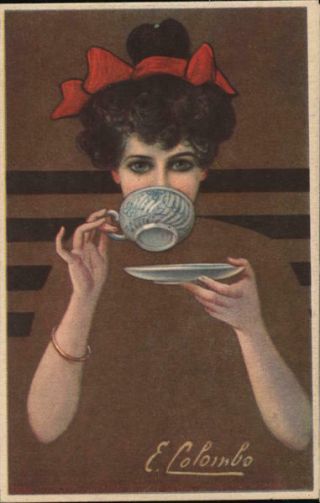 E.  Colombo Fade - Away: Woman Drinking Coffee Postcard Vintage Post Card