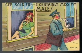 Vintage 1943 Wwii Military Comic Sexy Girl Mailman I Miss My Male Postcard