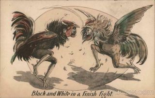 Boxing Jeffries/johnson " Black And White In A Finish Fight " Postcard Vintage