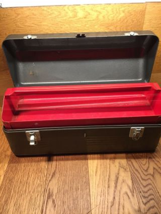 Vintage Metal Tool Box With Tray Tombstone Hip Roof Heavy Duty
