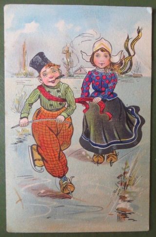 Antique Postcard Ppc,  Dutch Children Ice Skating,  Christmas 1905