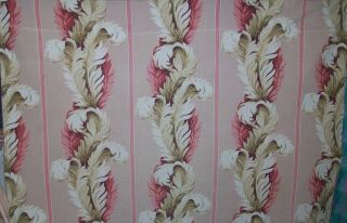 Vintage 40s Acanthus Leaf Stripe Cotton Barkcloth Fabric Pink Beige Khaki Red