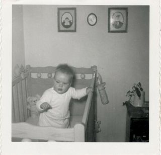 Adorable Cute Baby In Crib Crazy Bed Wild Hair Vintage Photo Circa 1950 