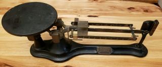 Antique Ohaus Triple Beam Balance Scale Cast Iron Base,  Lead Weights To Zero