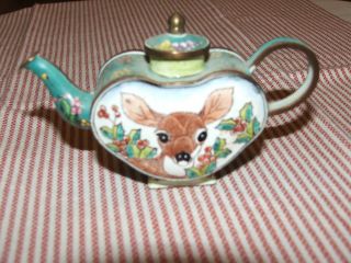 Collectable Miniature Brass And Enamel Decorative Teapot With A Deer 