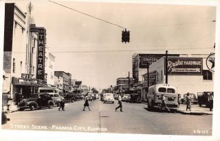 C.  1940 Rppc Early Cars Stores Movie Theatre Panama City Fl Texaco Sign