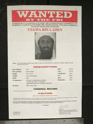 U.  S.  1999 Official Fbi Wanted Criminal Usama Bin Laden Poster