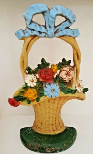 Antique Vintage Cast Iron Door Stop Flower Basket Shabby Chic 10 1/2 " (20)