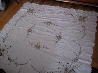 Vtg Linen Tablecloth With Madeira Open Work Embroidery