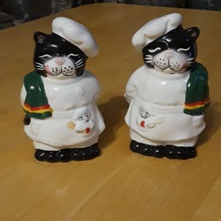 Vintage Smiling Fat Cat Chefs With Mice In Pockets 4.  5 " Salt & Pepper Shakers