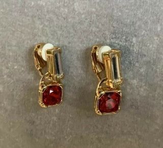 Swarovski Crystals Baguette Rhinestone Clip Earrings Faux Ruby Vintage