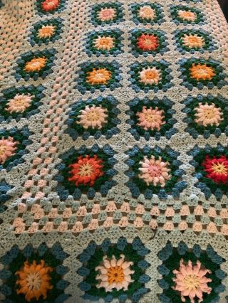 Vintage Handmade Crochet Afghan Blanket Turquoise Flower Squares Full 72x95