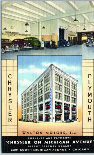 1946 Chicago Advertising Linen Postcard " Chrysler On Michigan Ave.  " Car Dealer