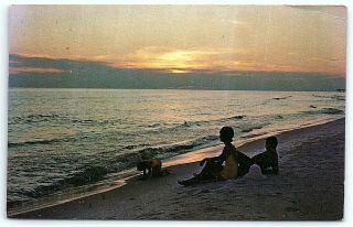 Vtg Postcard North Carolina Nc Beach View Sand Castle Sunset Ocean Swim Usa A4