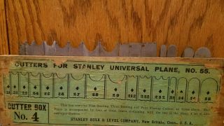 Very early Stanley Rule & Level No.  55 Universal Wood Plane Cutter Box No.  4 8