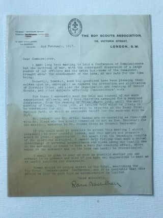 Boy Scout Official Letter Signed Baden Powell Dated On 1917