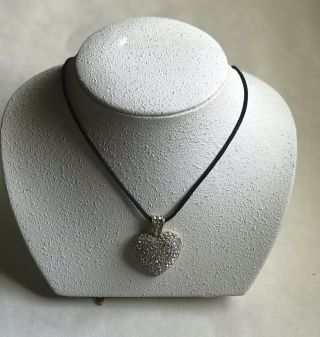 Signed Swan Swarovski Crystal Puff Heart Necklace Pendant On Black Silk Cord