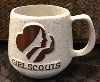 Vintage Girl Scouts Onion River Pottery Stoneware Mug Coffee Cup Speckled Euc