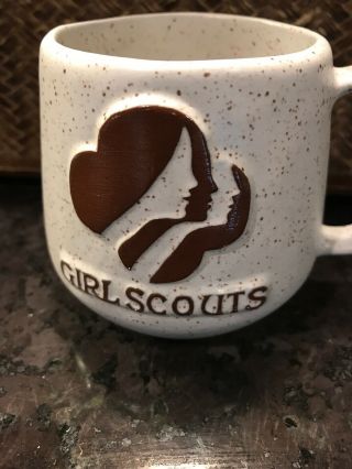 Vintage Girl Scouts Onion River Pottery Stoneware Mug Coffee Cup Speckled EUC 2