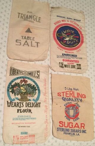 4 Small Vintage Cloth Flour Sugar Salt Sacks Advertising 2 Flour 1 Sugar 1 Salt