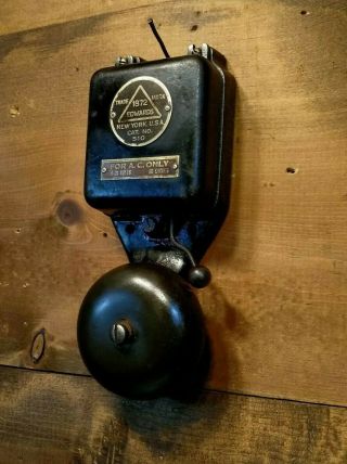 Antique 1872 Edwards 510 Bell Cast Iron Wall Mount Fire Alarm Boxing Brass Tags