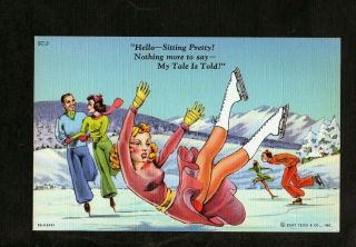 F375 Postcard Curt Teich Linen Girl Falling Ice Skating