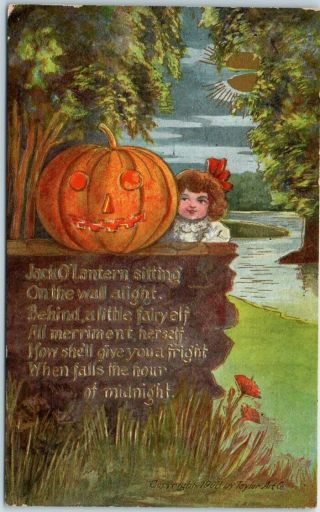 Vintage Halloween Postcard Girl W/ Large Jack O 