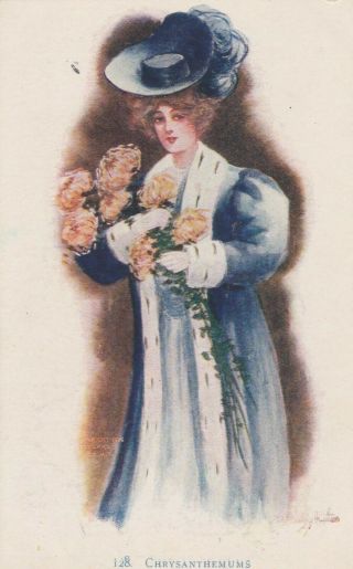 Charles Twelvetrees Postcard Woman With Chrysanthemums Udb