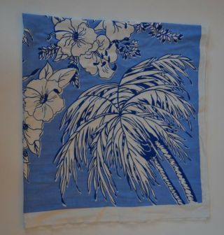Vintage Cotton Tablecloth Blue Palm Trees And Flowers 42 " X 50 "