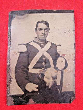 6th Plate Tintype Of Us Soldier Officer In Uniform With Hat