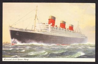 Cunard R.  M.  S.  Queen Mary Ocean Liner Postcard (posted At Sea Paquebot)