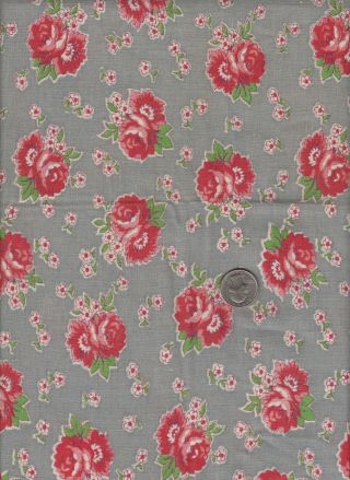 Vintage Feedsack Gray Red Floral Feed Sack Quilt Sewing Fabric