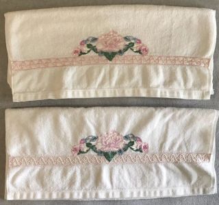2 Jc Penney Bath Towels White Embroidered Pink Rose Flower Cotton Vintage