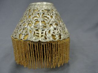 Scarce Small Vintage Gold Beaded Fringe Lamp Shade Pierced Metal Mica Lined