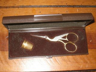 Vintage Solingen Stork Scissors And Thimble Set