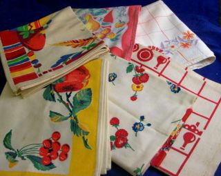 6 Vintage Cotton Fruit Floral Print Kitchen Dish Towels - Some For Craft