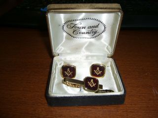 Vintage Freemason Masonic Lodge Cufflinks & Tie Clasp 3 Piece Set Box