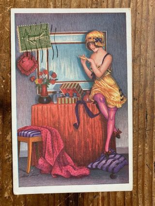 1930 Old Postcard Art Deco Curiosa Lady Xavier Sager Buduar Cabinet De Toilette