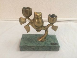Rare Vintage Mid Century Bijan Brass Owl Marble Base Sculpture Candleholder