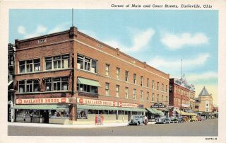 A57/ Circleville Ohio Postcard C1940s Corner Main Court Sts Gallaher Drug Store