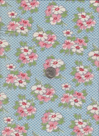 Vintage Feedsack Blue Lattice Pink White Floral Feed Sack Quilt Sewing Fabric