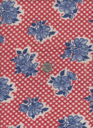 Vintage Feedsack Red Lattice Blue Floral Feed Sack Quilt Sewing Fabric