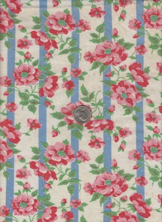 Vintage Feedsack Blue Stripe Red Pink Floral Feed Sack Quilt Sewing Fabric